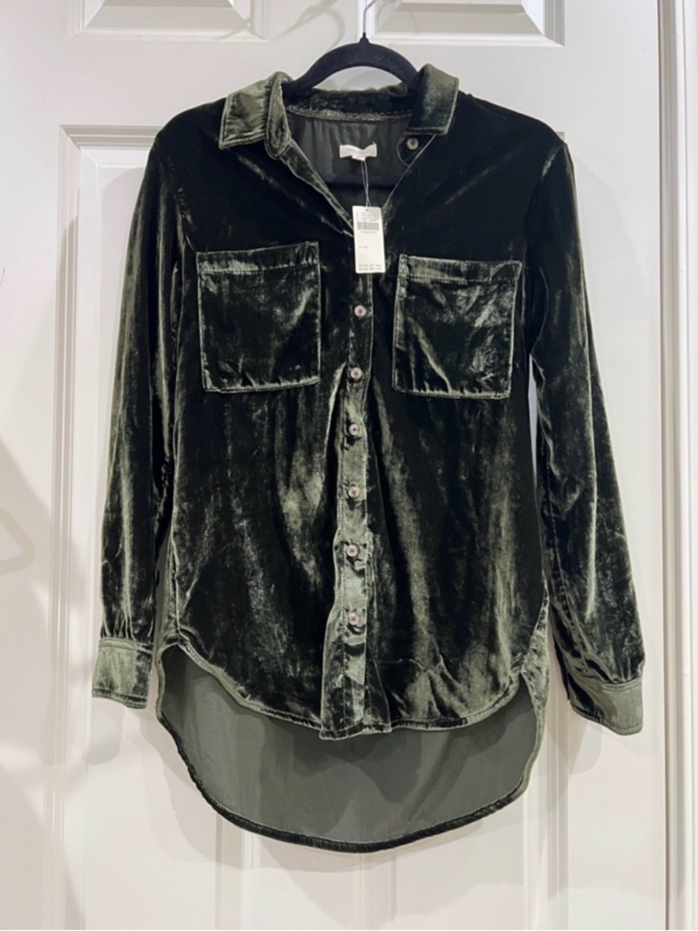 NWT Anthropologie Pilcro Velvet Button‑Down Shirt, Dark Green, Size LP